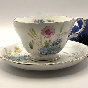 1945-1966 Shelley 20136 Fine Bone China Teacup & Saucer, Scalloped, Wildflowers